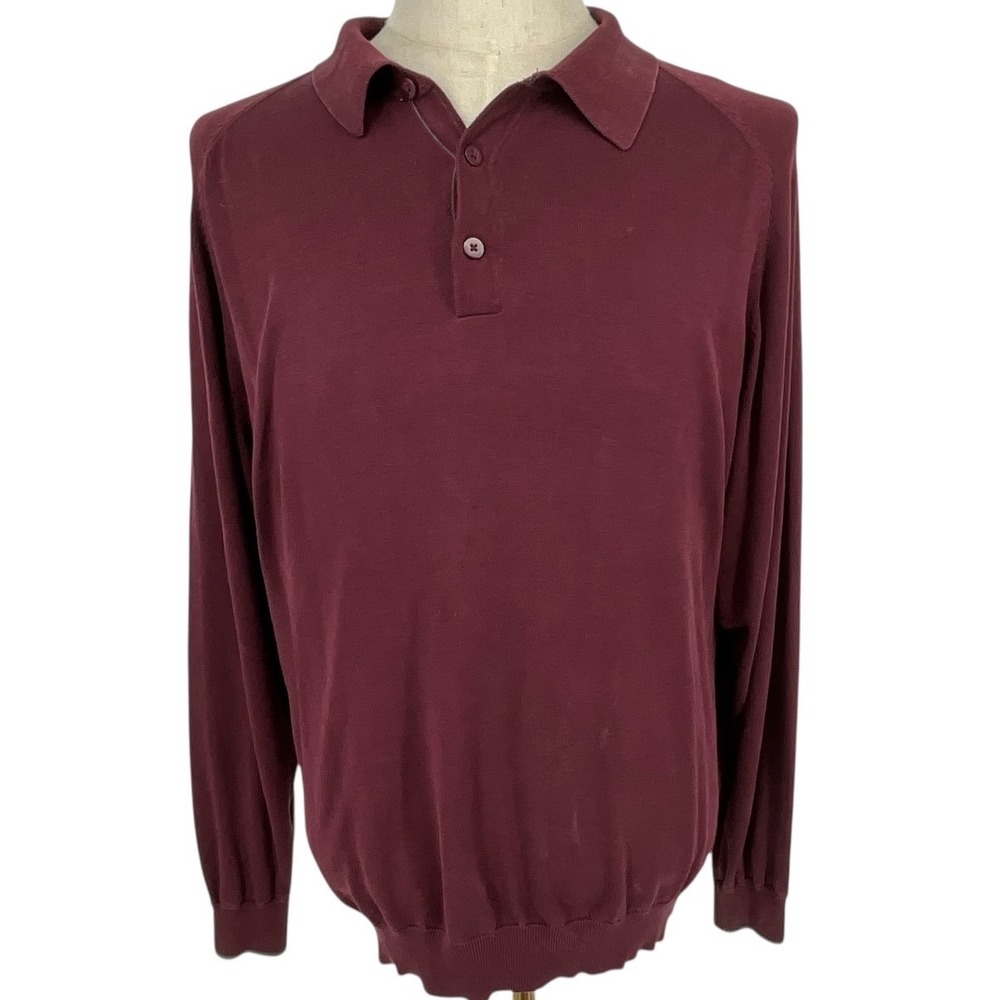 Johnston Murphy‎ Mens Burgundy Silk Long Sleeve Polo Shirt Sweater XL